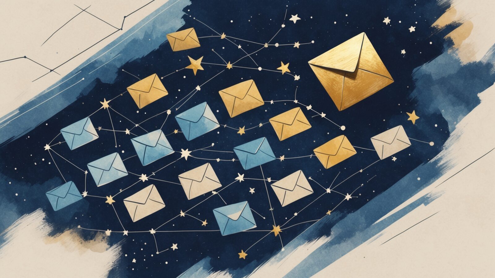 Editorial watercolor constellation map of envelope-shaped stars connected by faint lines with one gold envelope as the focal anchor