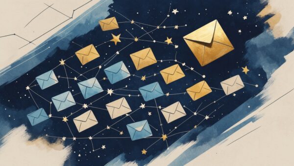 Editorial watercolor constellation map of envelope-shaped stars connected by faint lines with one gold envelope as the focal anchor