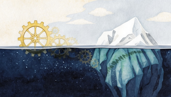 Watercolor editorial illustration of an iceberg above water with gears and machinery visible underneath, representing the hidden work of white label email marketing