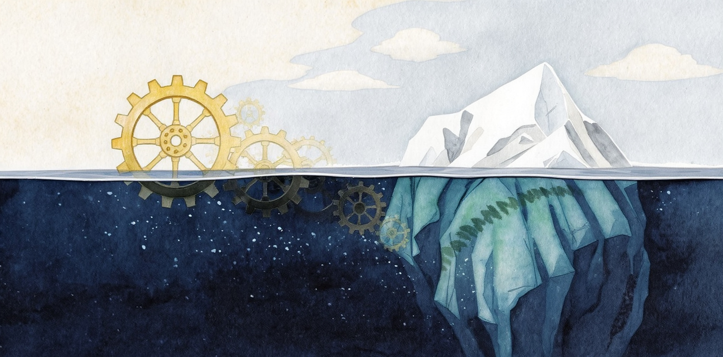 Watercolor editorial illustration of an iceberg above water with gears and machinery visible underneath, representing the hidden work of white label email marketing