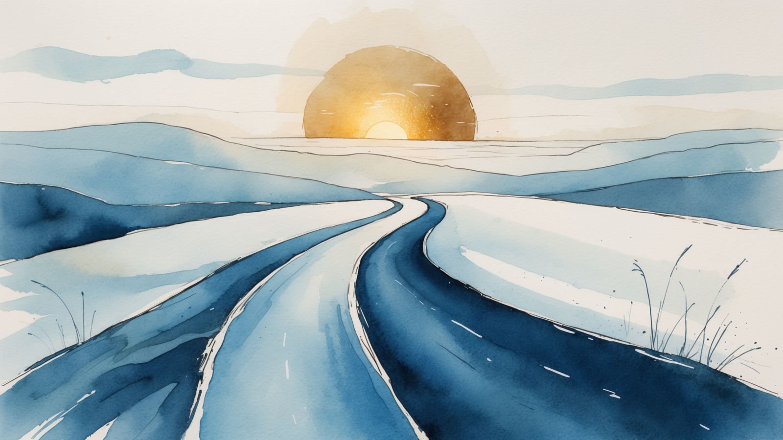 Watercolor editorial illustration of two diverging paths in a landscape, one leading toward a warm gold sun on the horizon, representing the chosen alternative