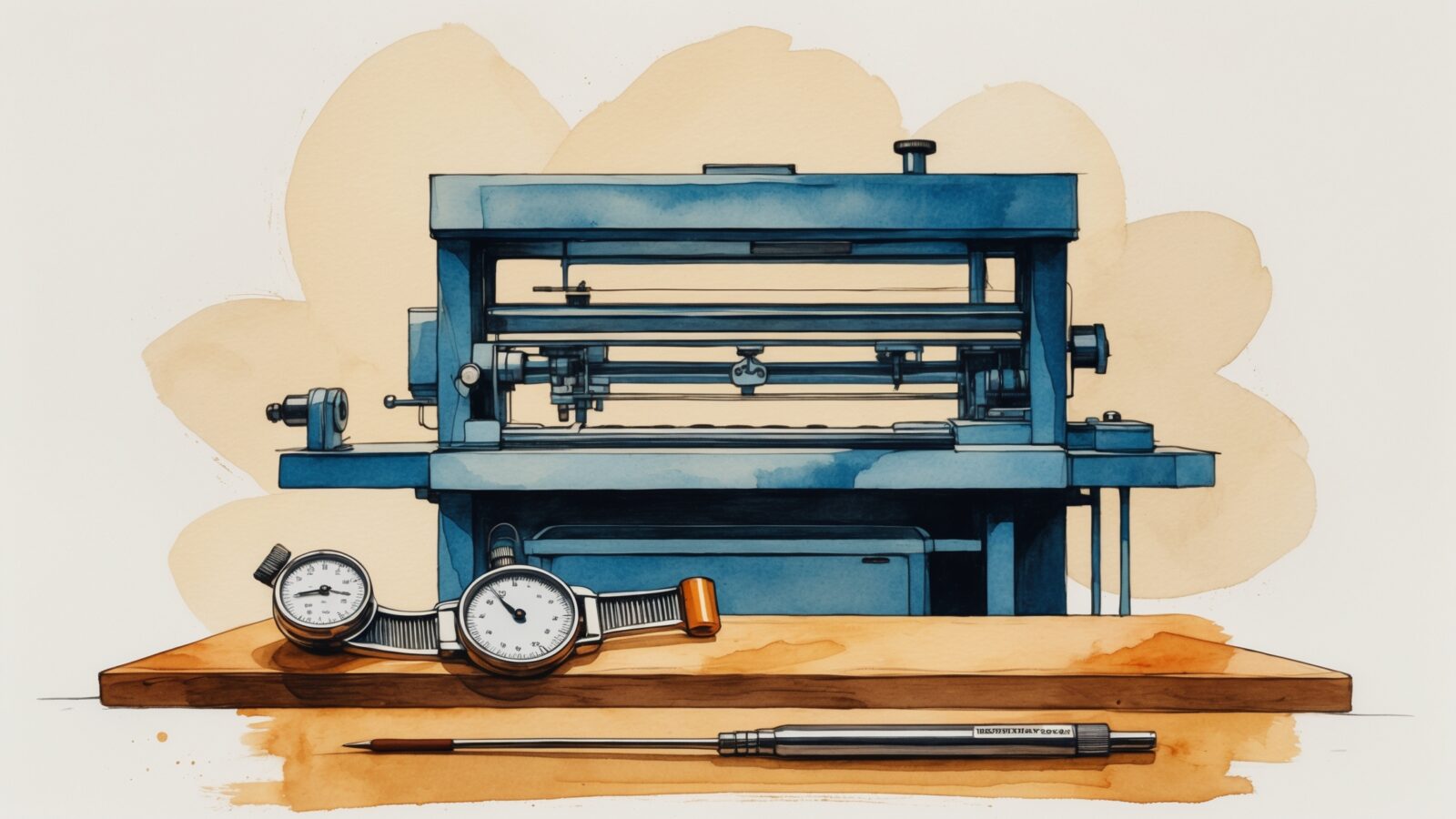 Two small precision hand tools beside a large industrial printing press, illustrating scale-fit gap between a senior-operator email partner and an enterprise-scale shop like Mavlers