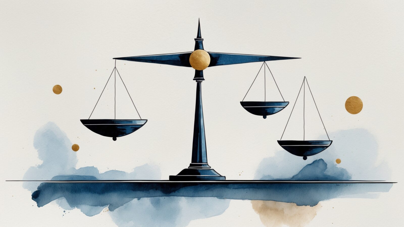 Editorial watercolor illustration of a balance scale with three weights in equilibrium symbolizing fair pricing tradeoffs