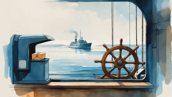 Editorial illustration of a hatch dispensing one wrapped parcel beside a ship's helm and a vessel at sea, showing the difference between a template-production shop and a full-stack Email Uplers alternative that runs the whole program