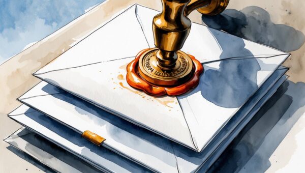 Watercolor illustration of a master brass seal pressing one identical wax-seal impression onto a stack of envelopes, representing white label email marketing for branding agencies holding brand fidelity across every client send.