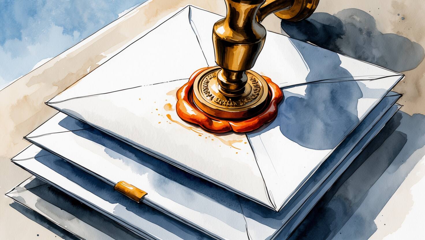 Watercolor illustration of a master brass seal pressing one identical wax-seal impression onto a stack of envelopes, representing white label email marketing for branding agencies holding brand fidelity across every client send.