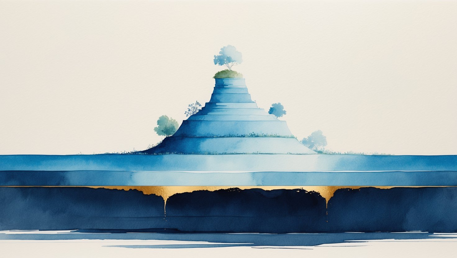 Abstract editorial watercolor of visible growth resting on a deep navy foundation veined with gold, representing how white label email marketing is the invisible retention layer that gives PPC agencies acquisition headroom.