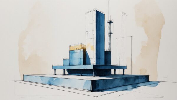 Editorial watercolor illustration of a solid building foundation supporting a structure that keeps growing upward, representing email marketing as the recurring program a web design agency runs on top of a one-off website build.