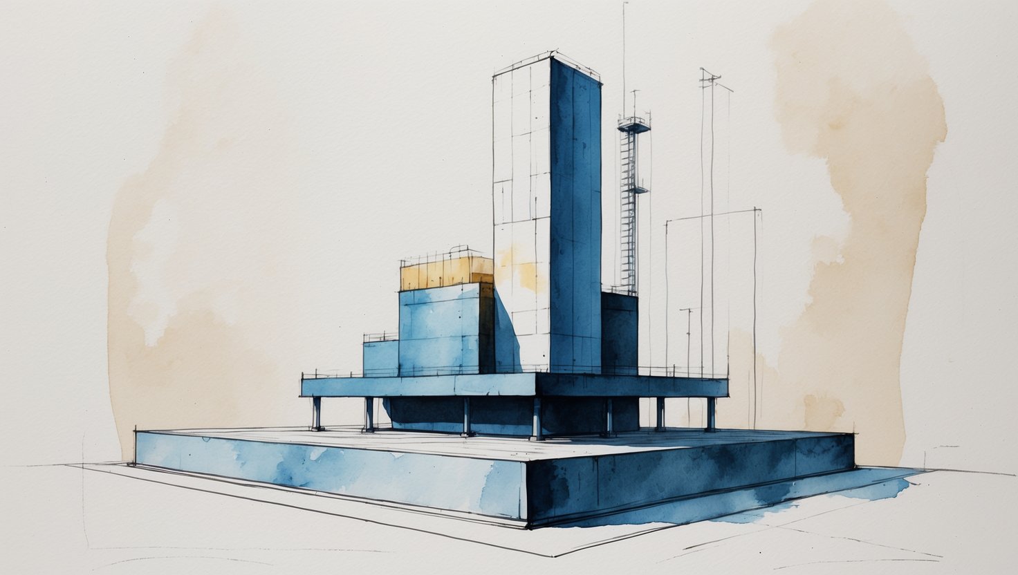 Editorial watercolor illustration of a solid building foundation supporting a structure that keeps growing upward, representing email marketing as the recurring program a web design agency runs on top of a one-off website build.