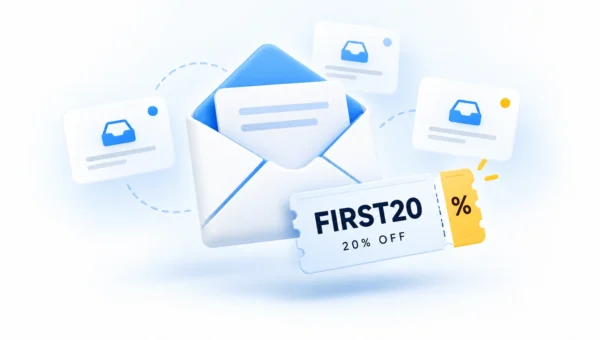 Email inboxes and a FIRST20 coupon offering 20% off
